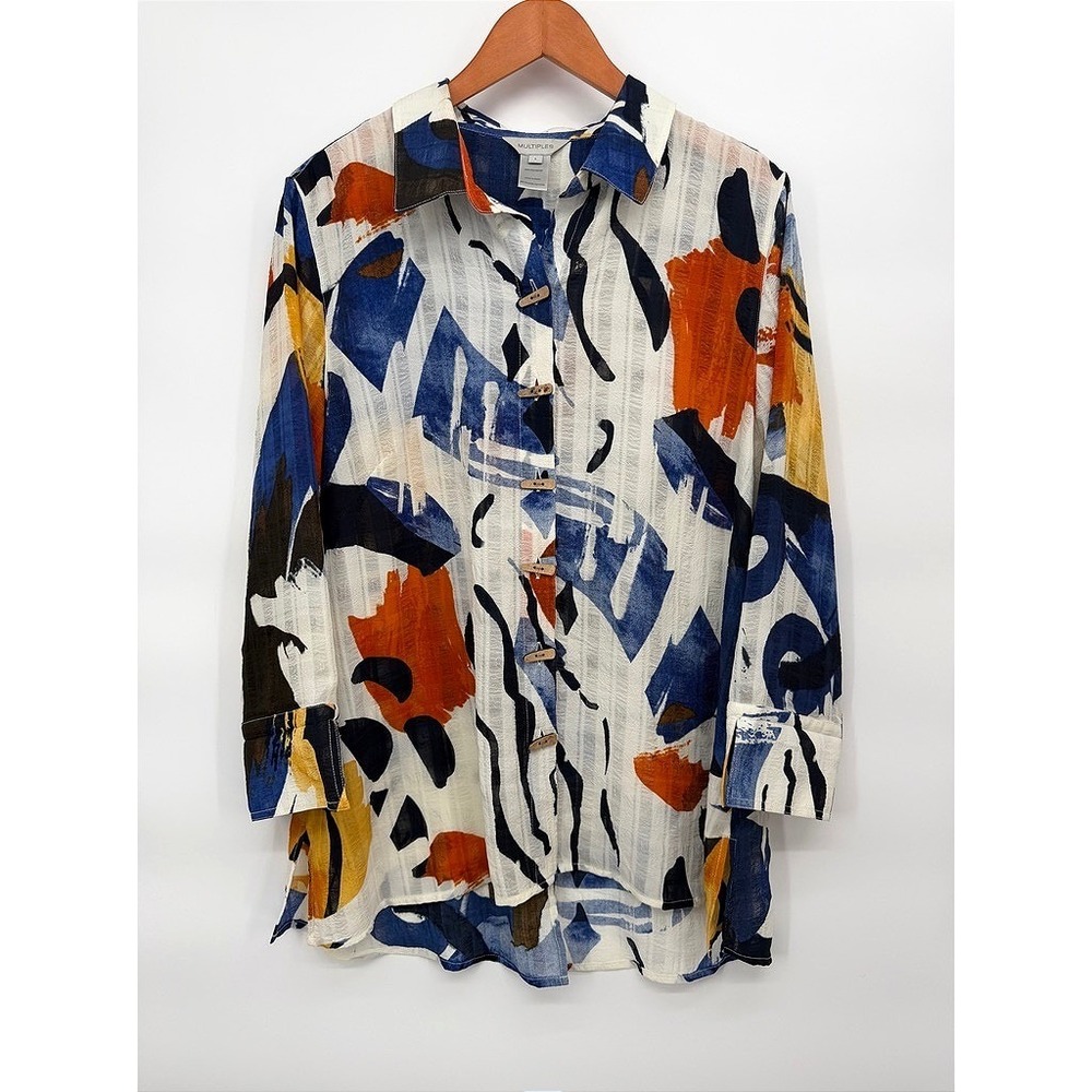 Multiples Blouse Abstract Print Toggle Button Long Sleeve Casual Bold Artsy LG